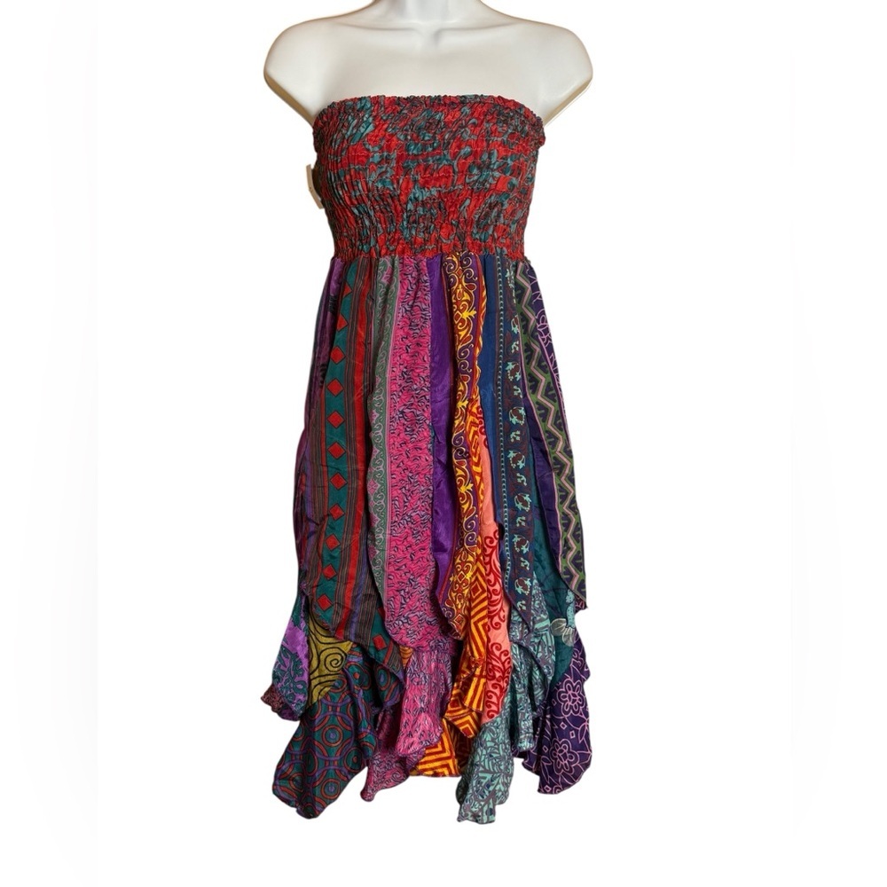 NWT India Boutique Strapless Patchwork Multicolor Smocked Midi Dress Skirt OS